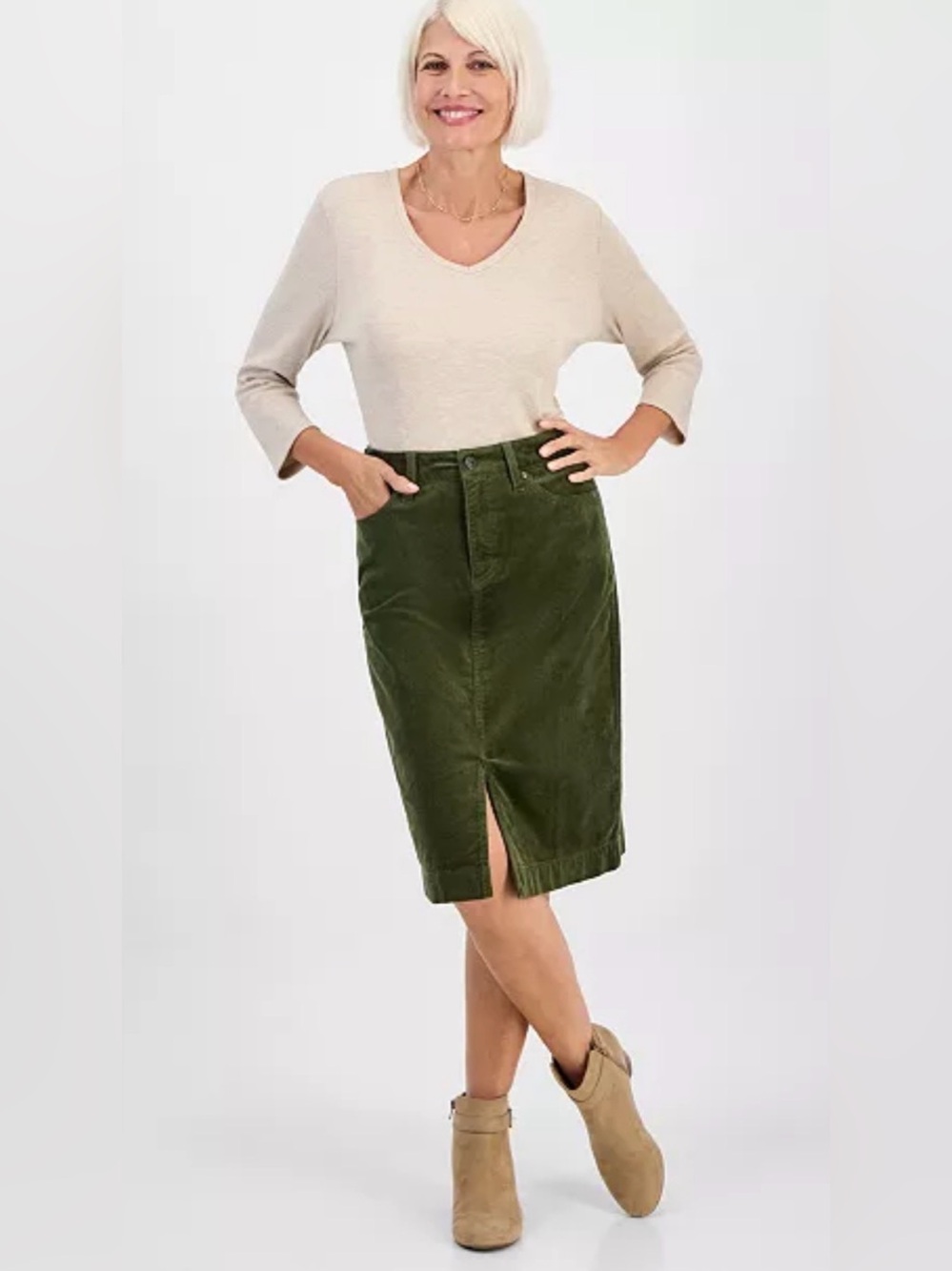 Women's Green Corduroy Midi Skirt Straight Leg Bodycon New Style Slit 10P Knee